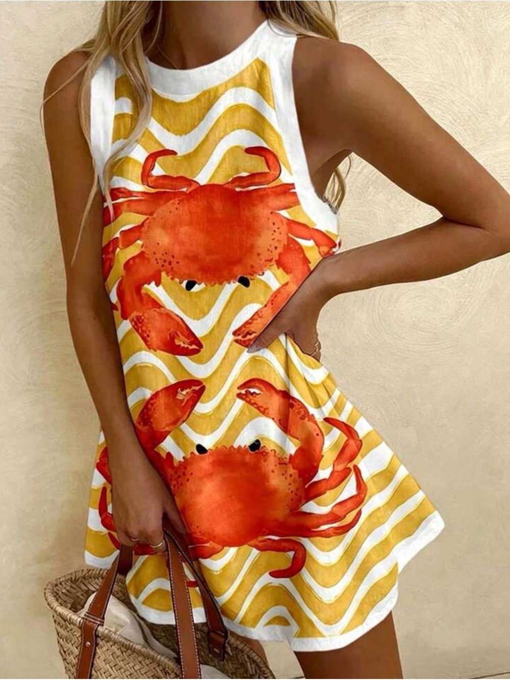 Sleeveless Yellow Stripe Mini Dress with Orange Crab Print